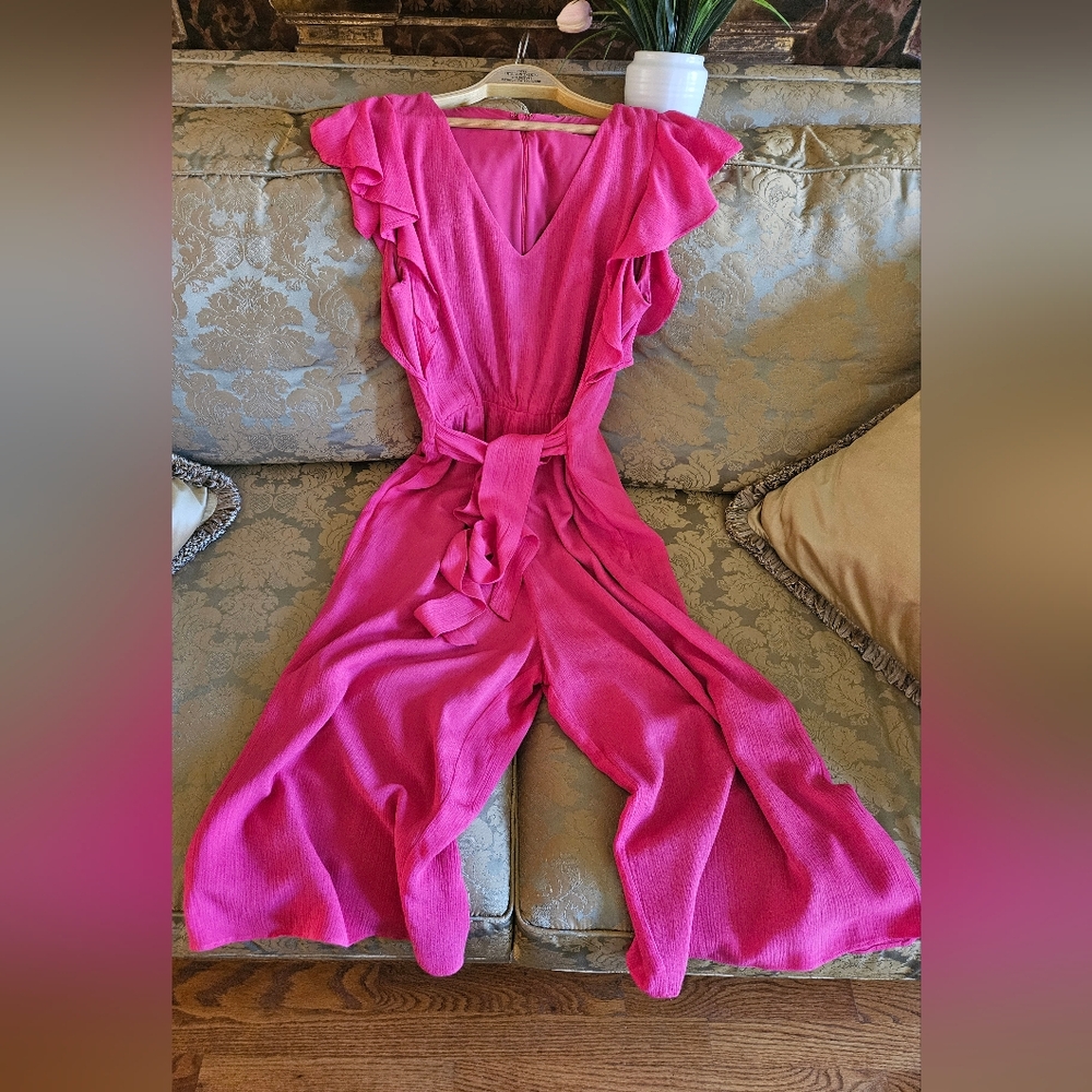 NWOT Chico's Pink Ruffled Sleeves Linen Jumpsuit